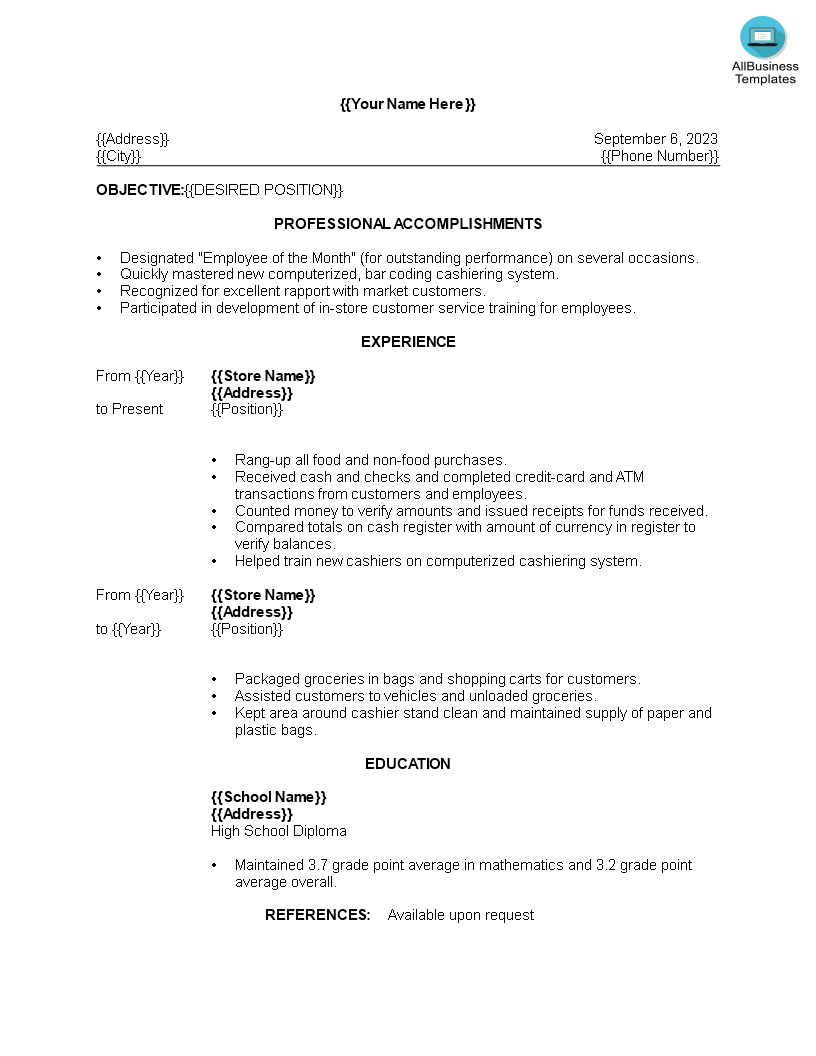 cashier resume template modèles