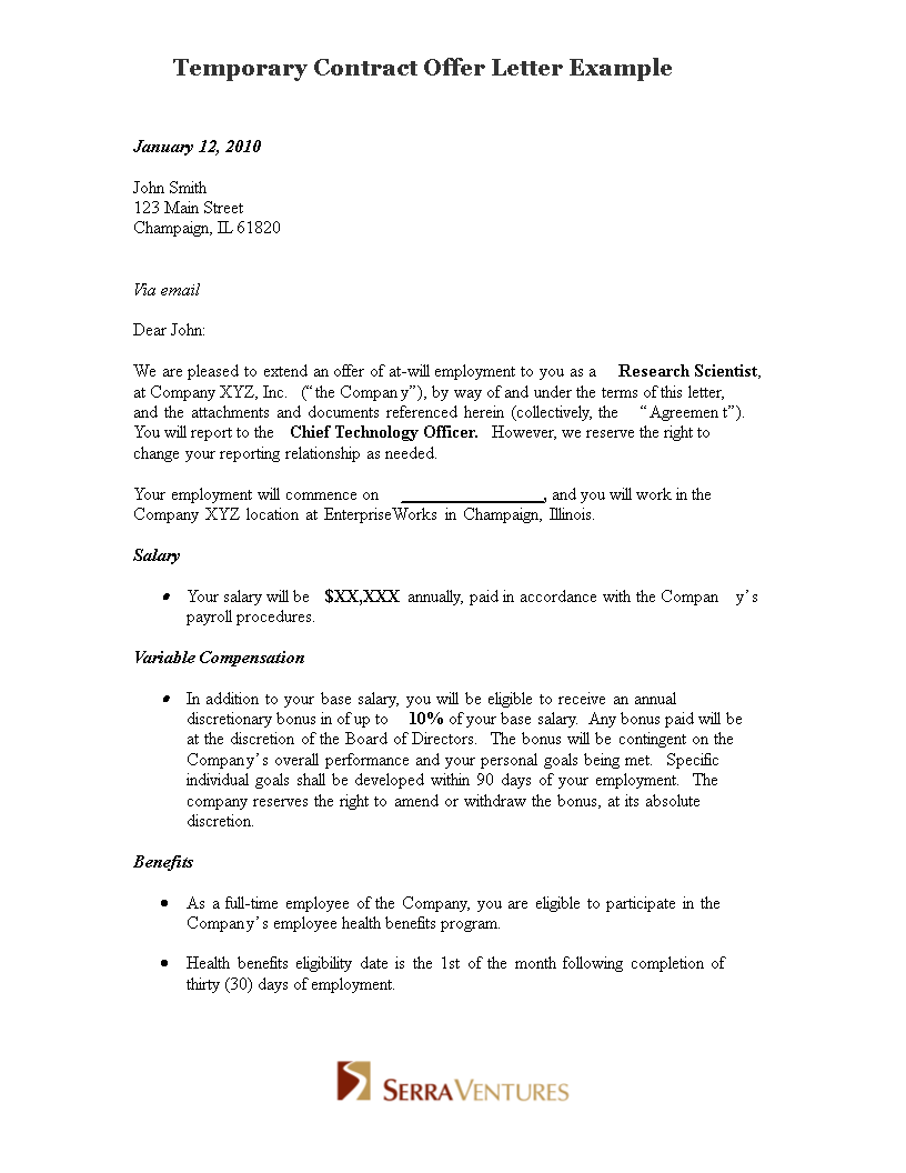 temporary contract offer letter template