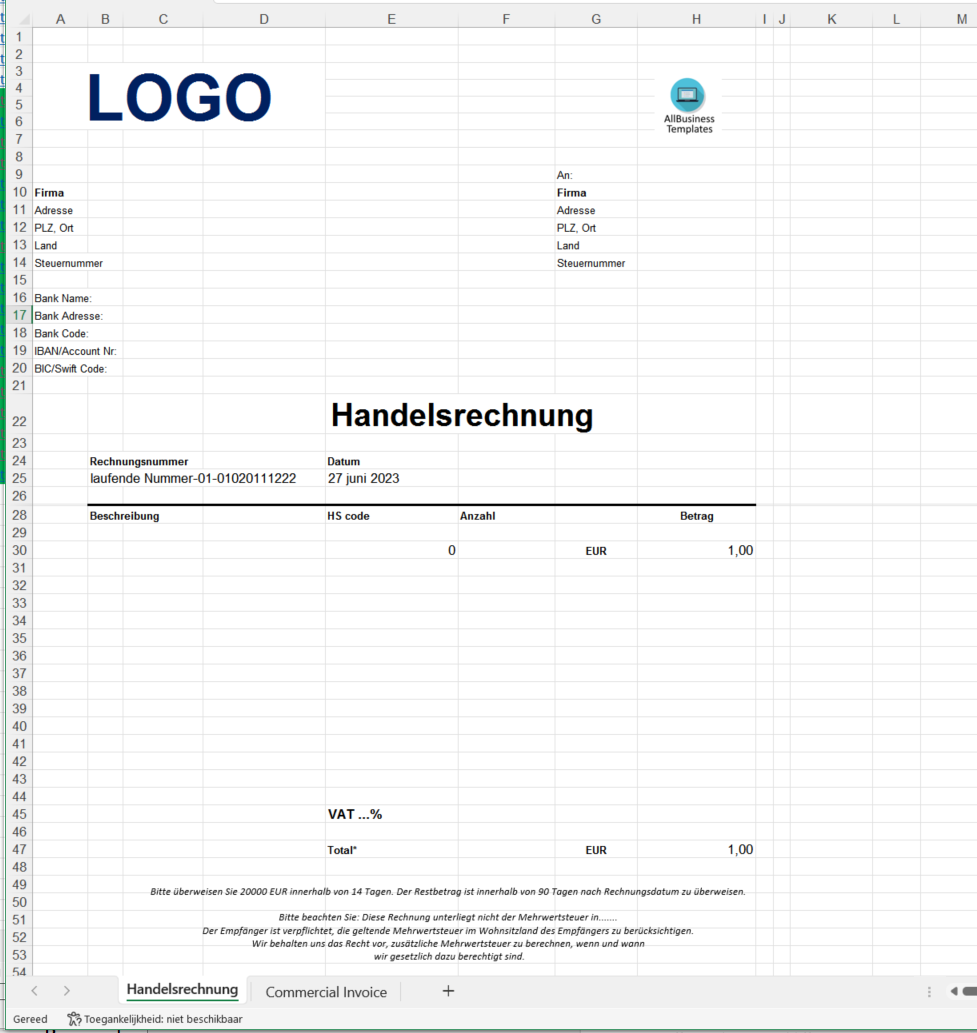 Vorlage für Handelsrechnungen 模板