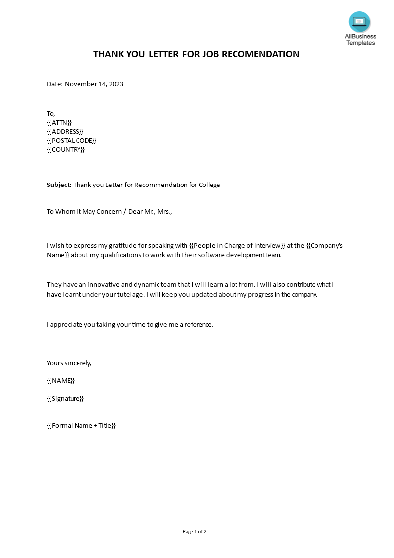 editable thank you letter for job recommendation template