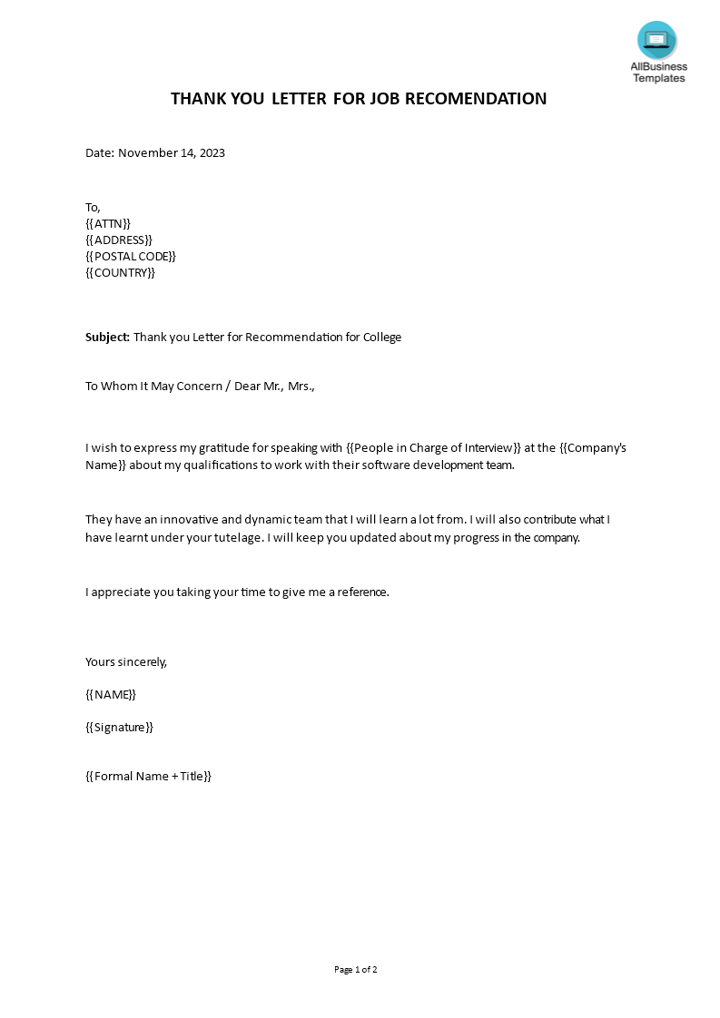 editable thank you letter for job recommendation plantilla imagen principal