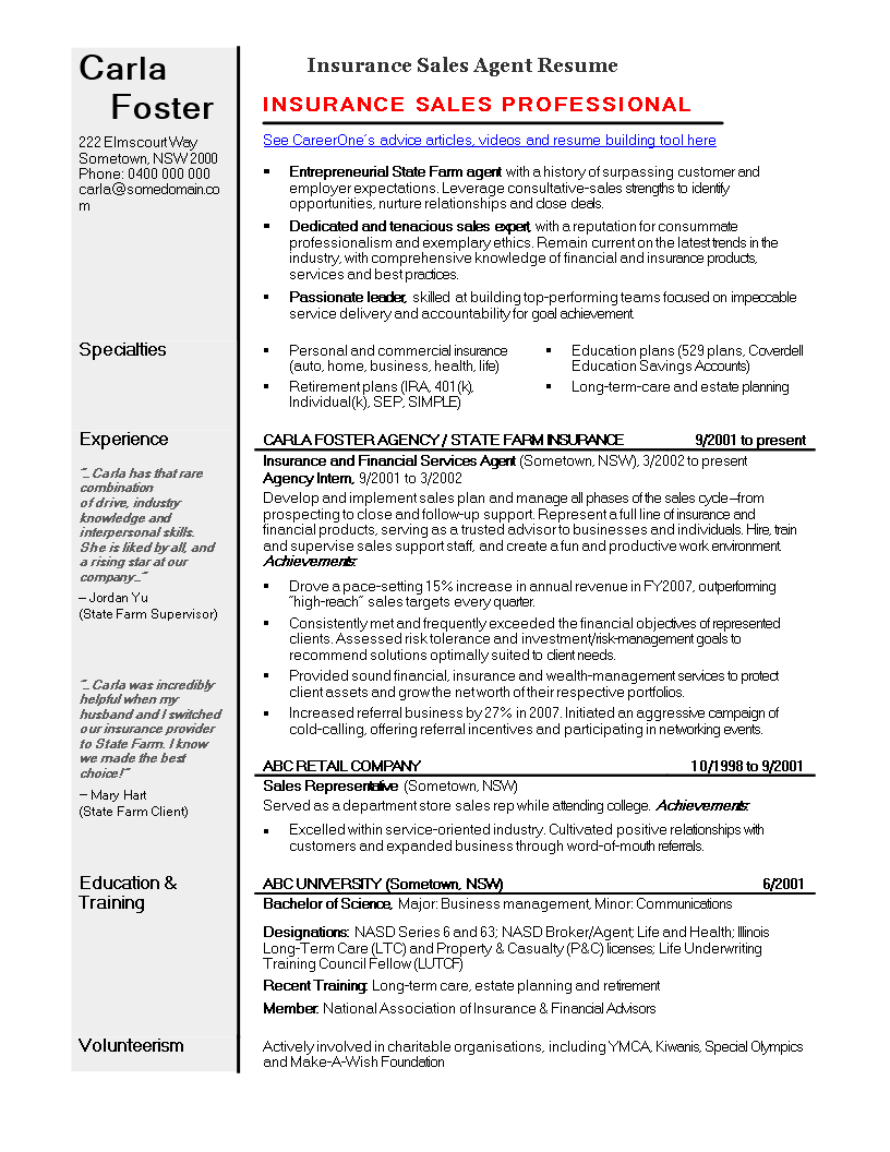 Insurance Sales Agent Resume main image