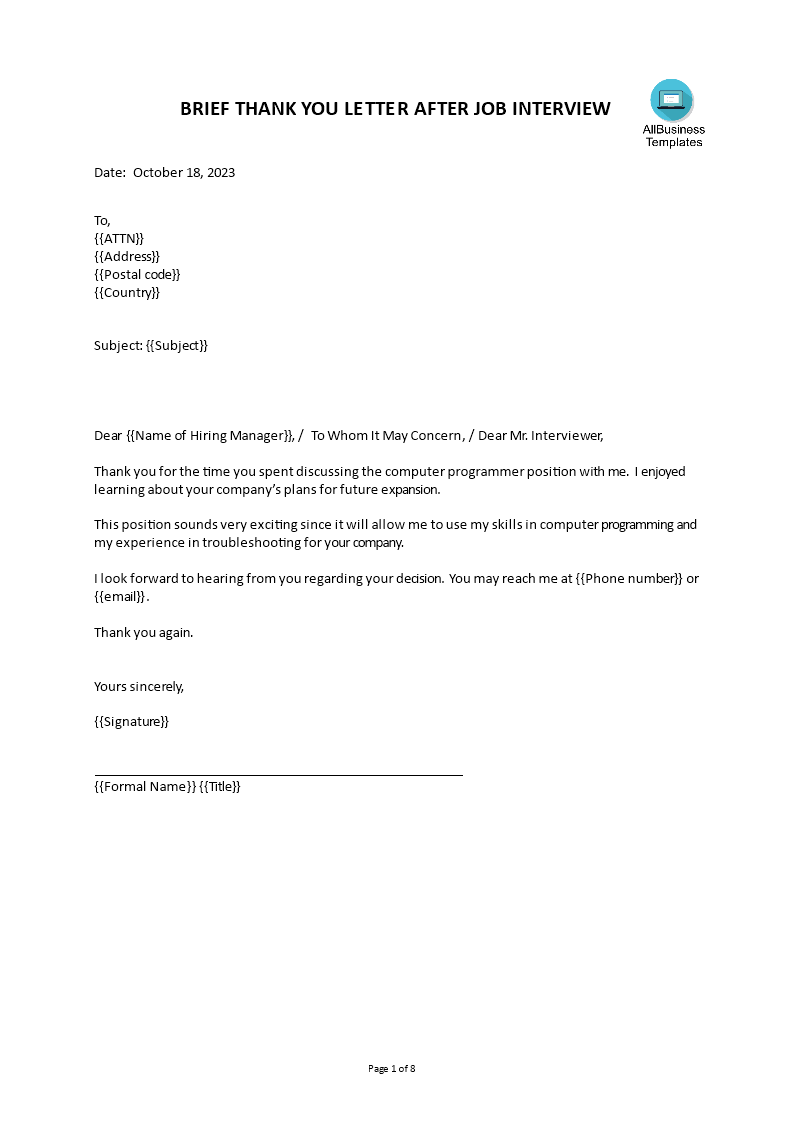 job interview thank you letter word template