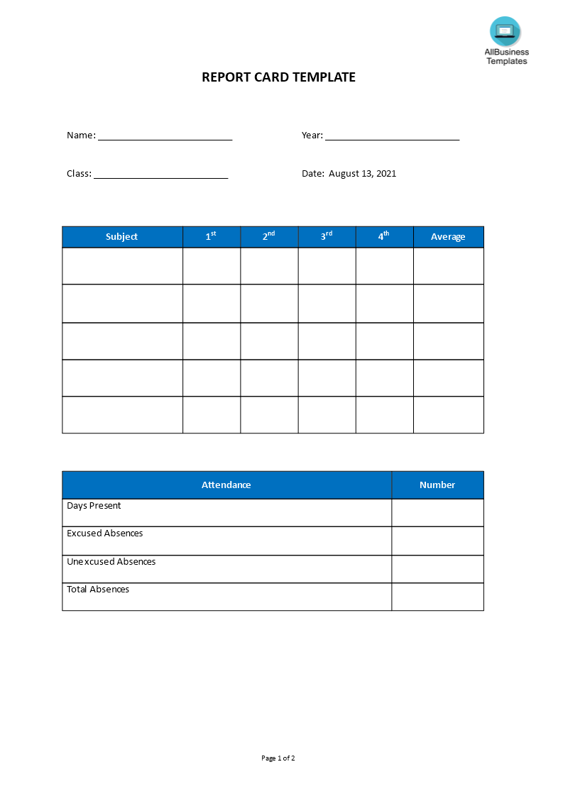 Kostenloses Report Card Template Inside Blank Report Card Template