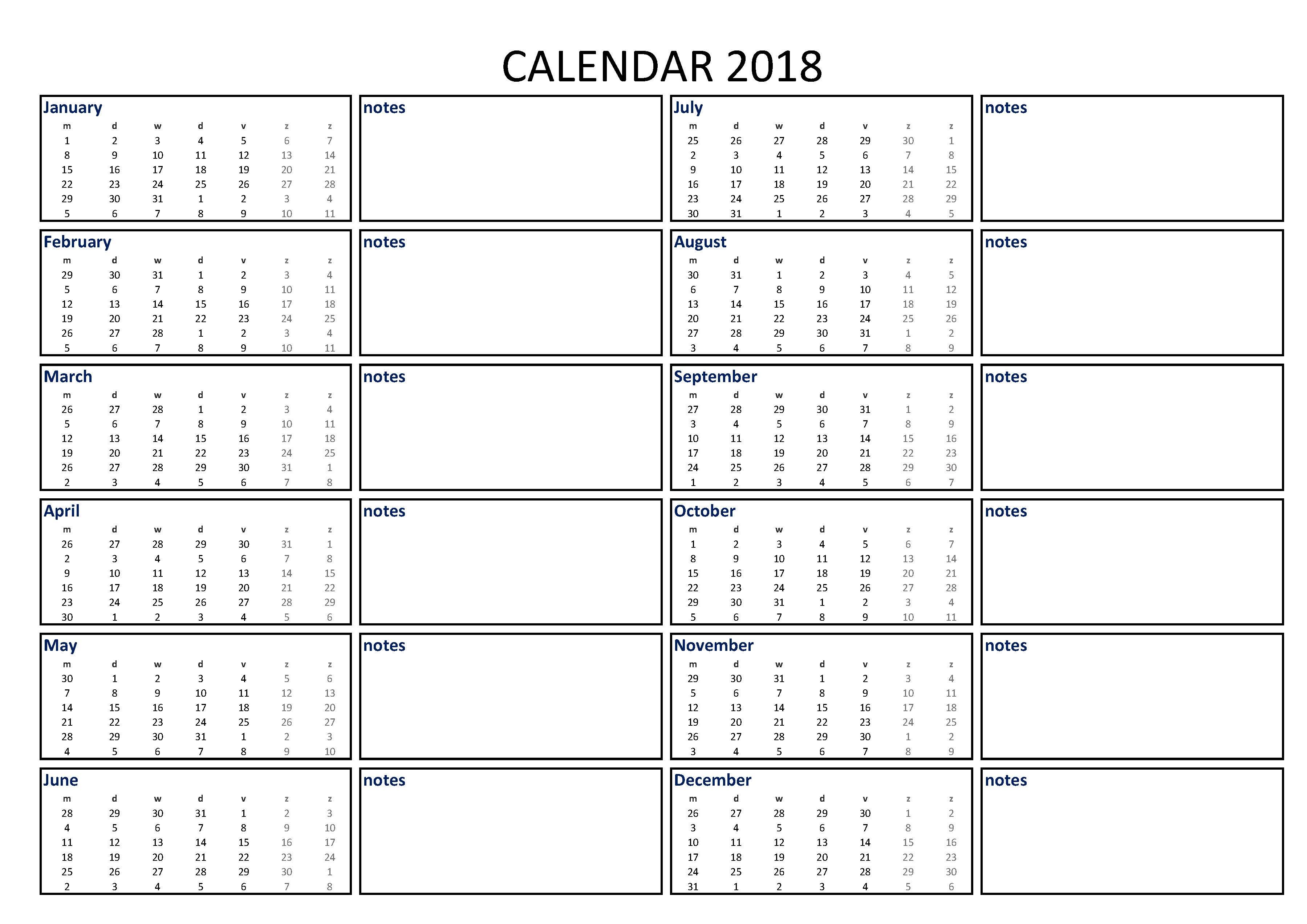 2018 calendar excel template a3 with notes voorbeeld afbeelding 