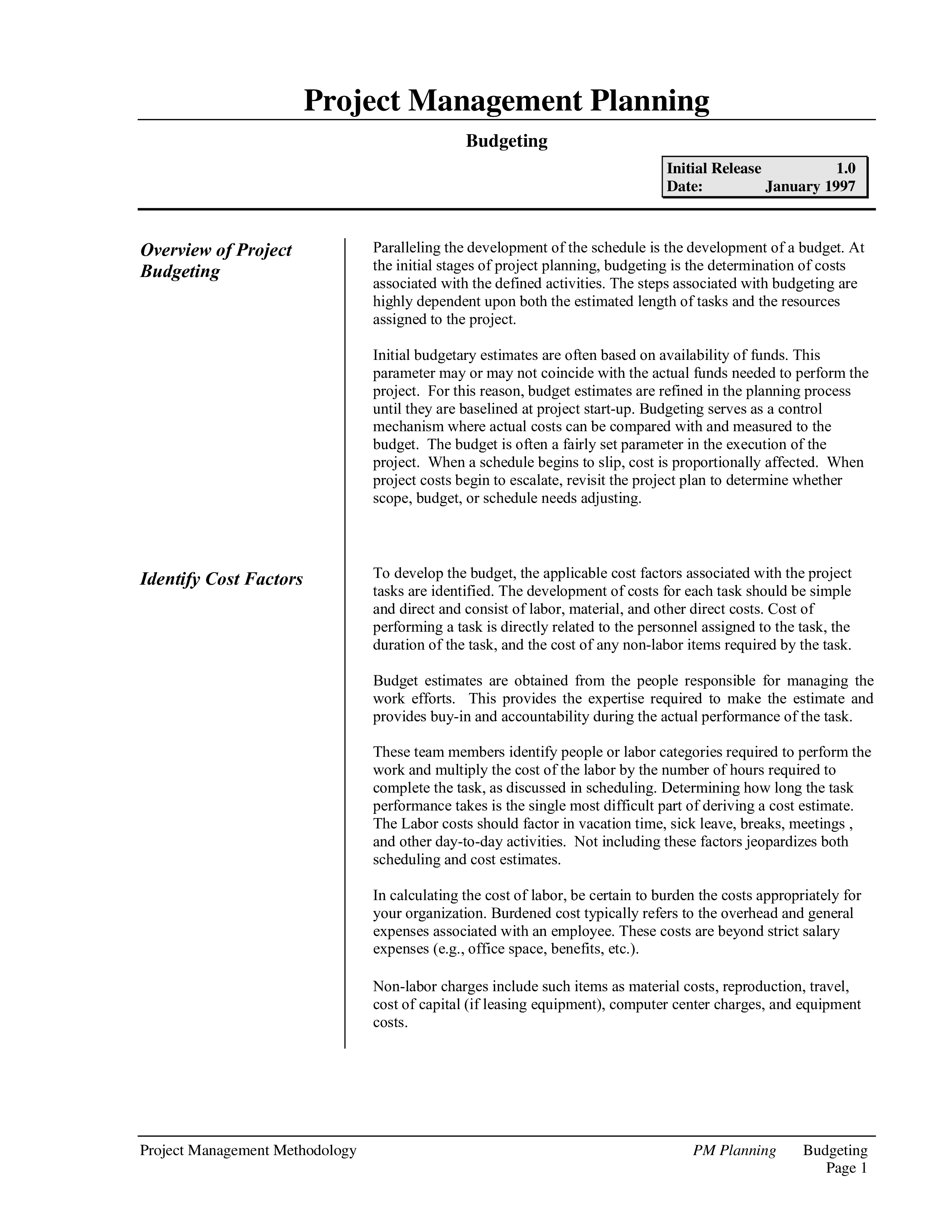 project management budget template