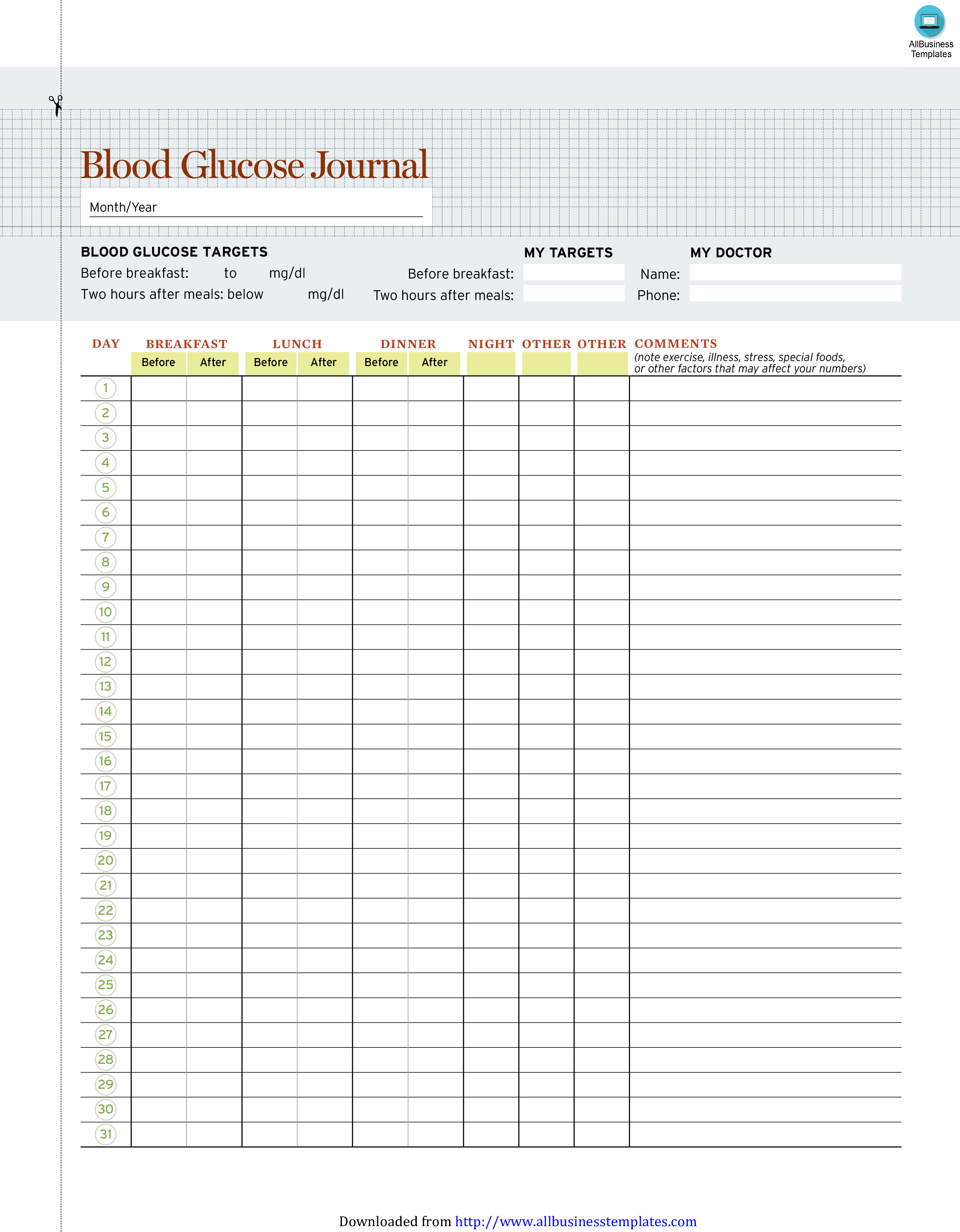blood glucose journal template