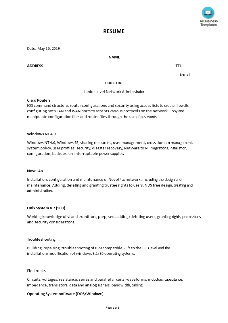 junior network administrator skills resume template