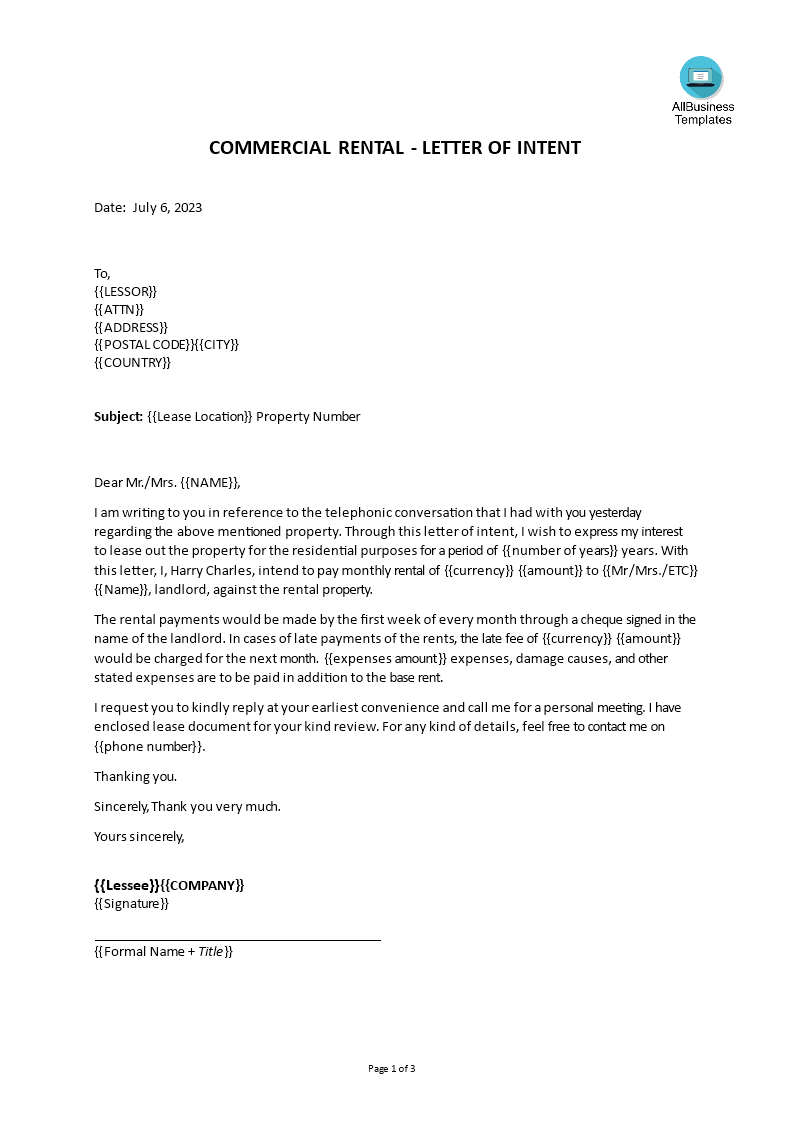 sample letter of intent commercial lease Hauptschablonenbild