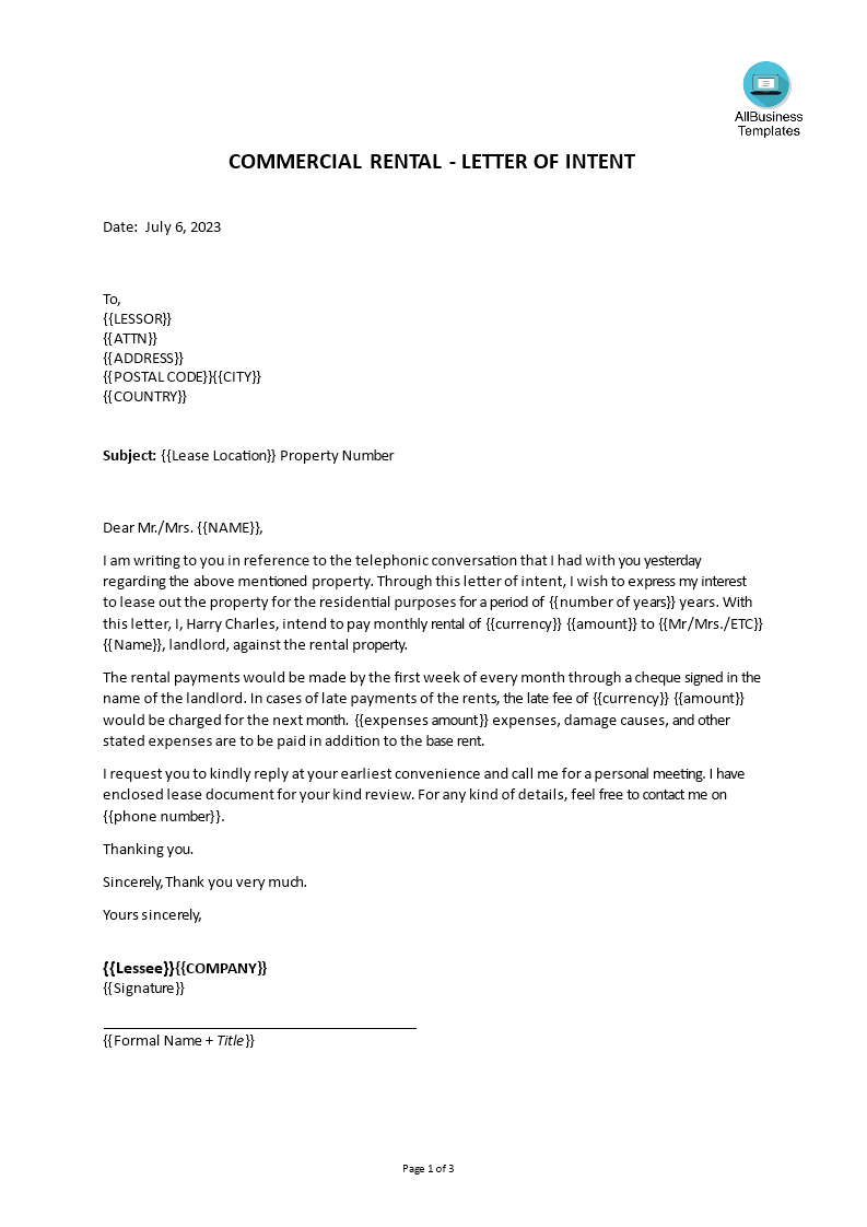 sample letter of intent commercial lease voorbeeld afbeelding 