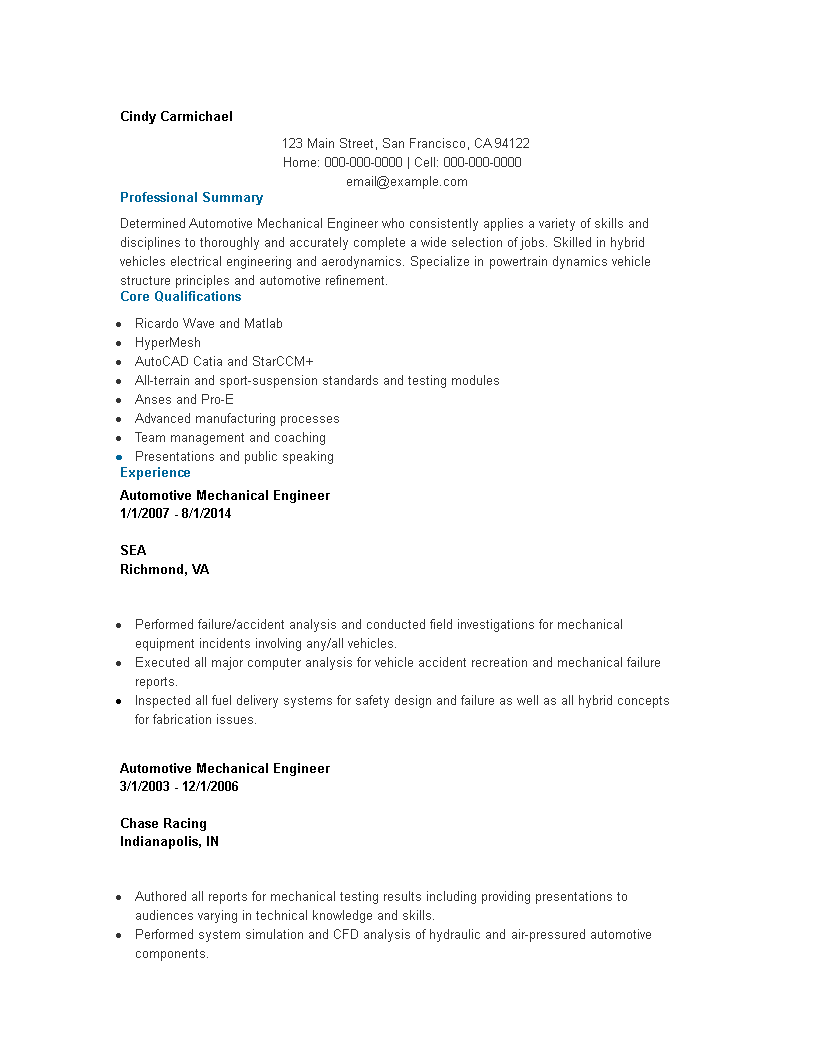 Automotive Mechanical Engineer Resume Sample main image