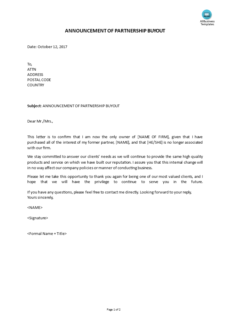 Announcement Of Partnership Buyout main image