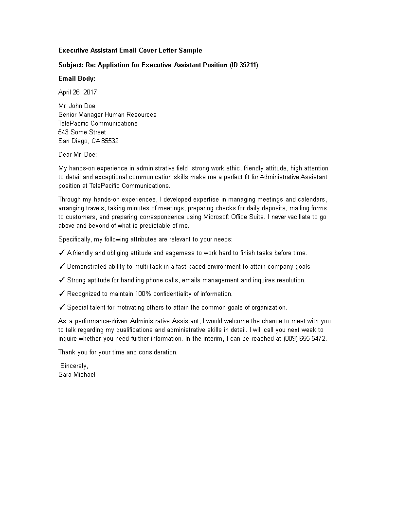 executive assistant application cover letter by e-mail voorbeeld afbeelding 