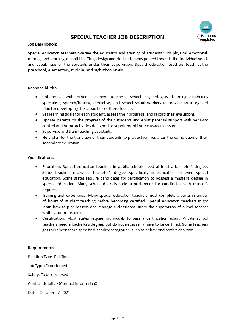 special teacher job description template