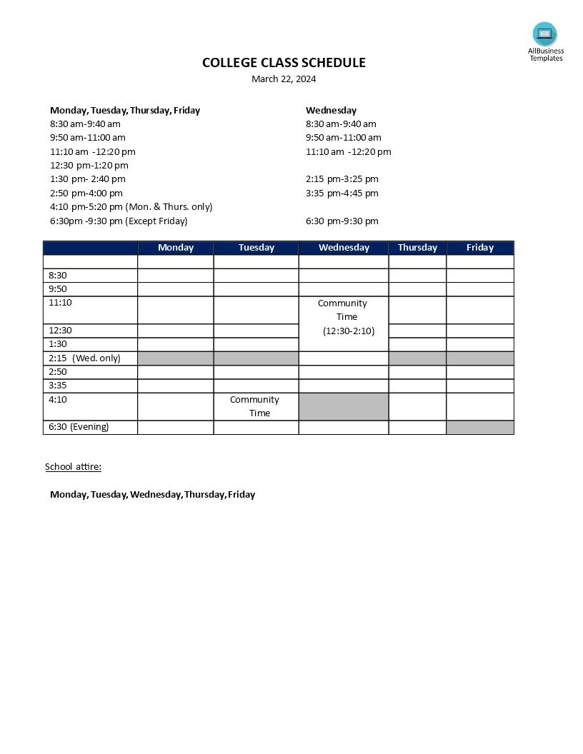 weekly college class schedule modèles