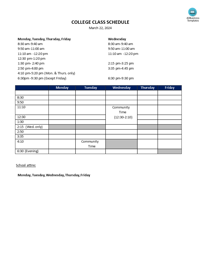 weekly college class schedule template