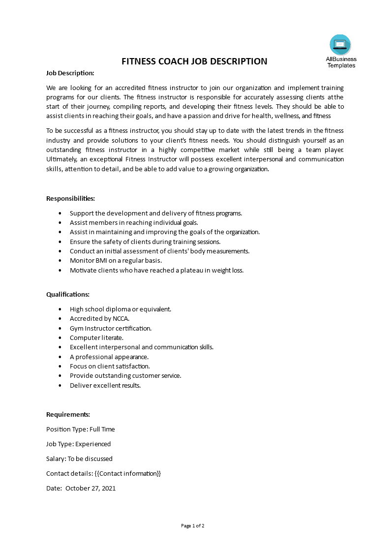 fitness coach job description template