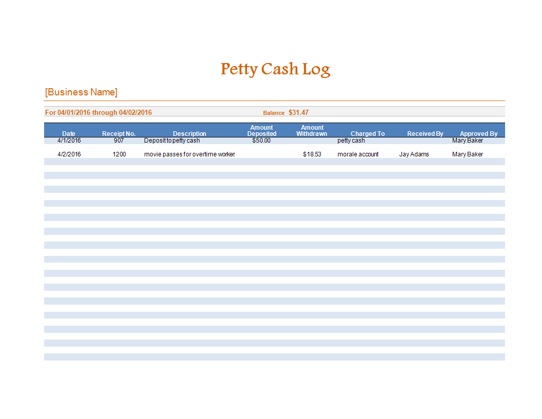 petty cash log worksheet excel voorbeeld afbeelding 