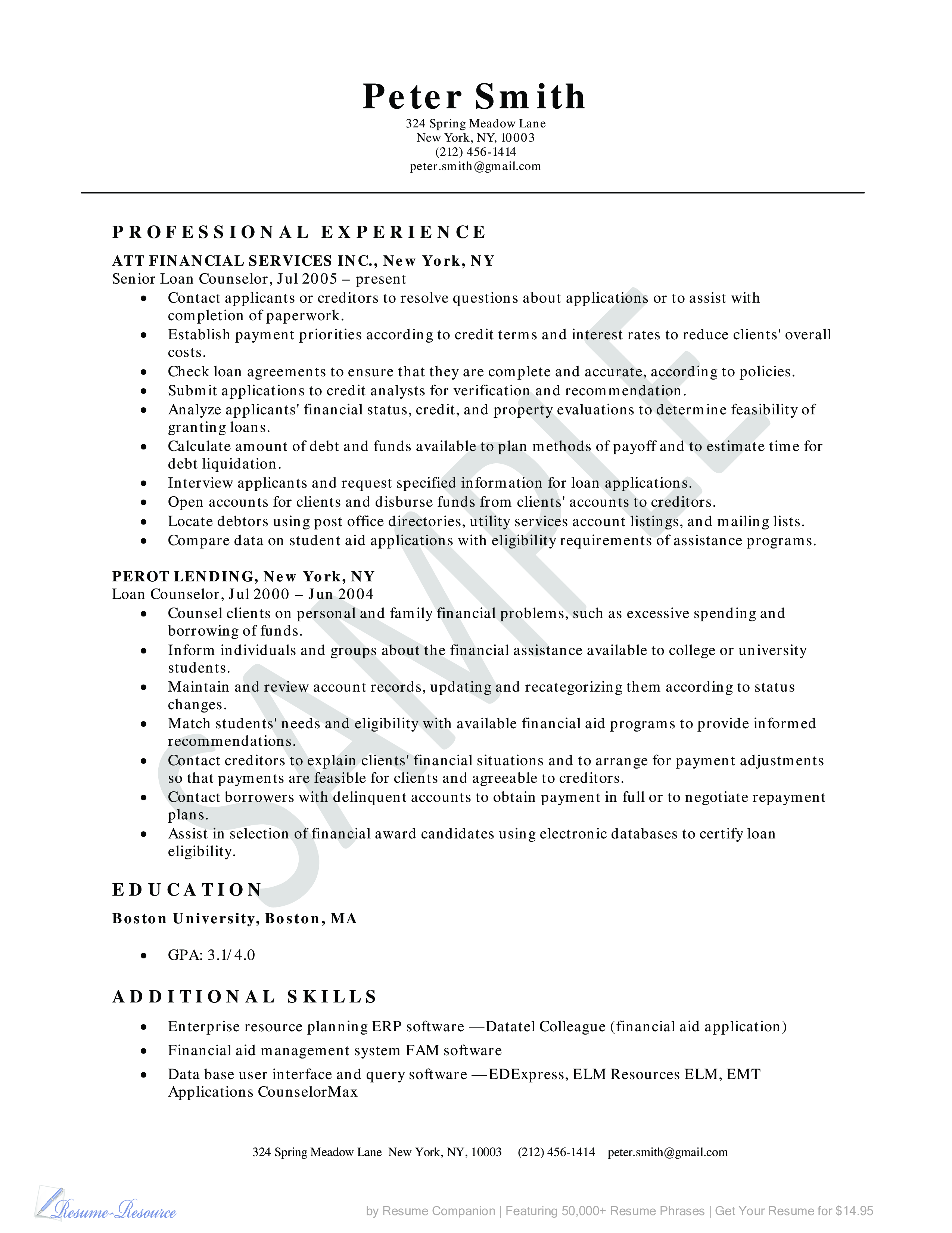 Loan Counselor Resume Example 模板