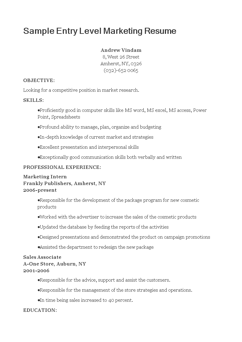 sample entry level marketing resume modèles