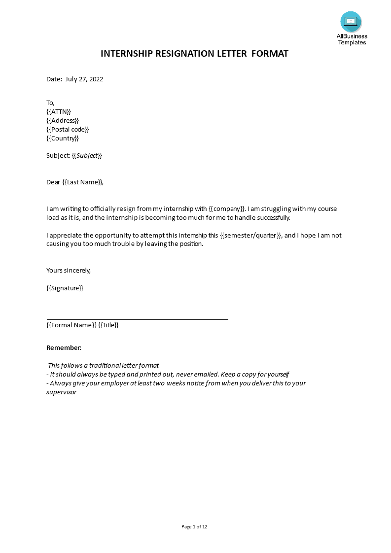 internship resignation letter format modèles