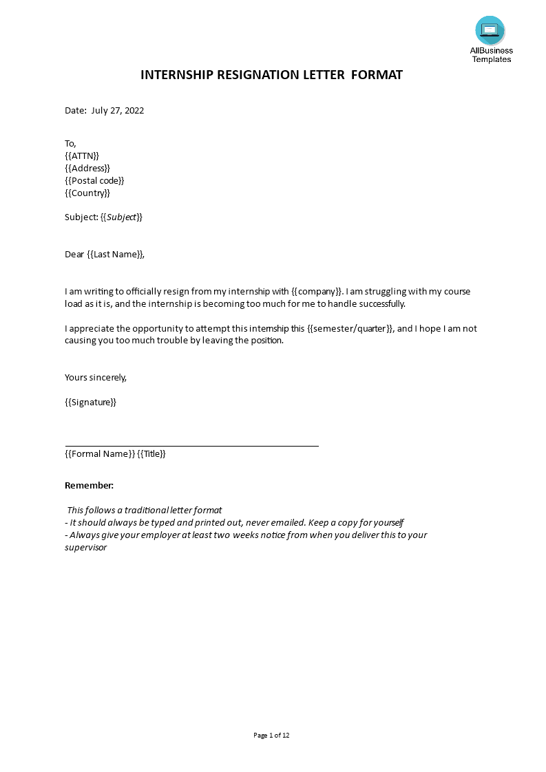 internship resignation letter format template