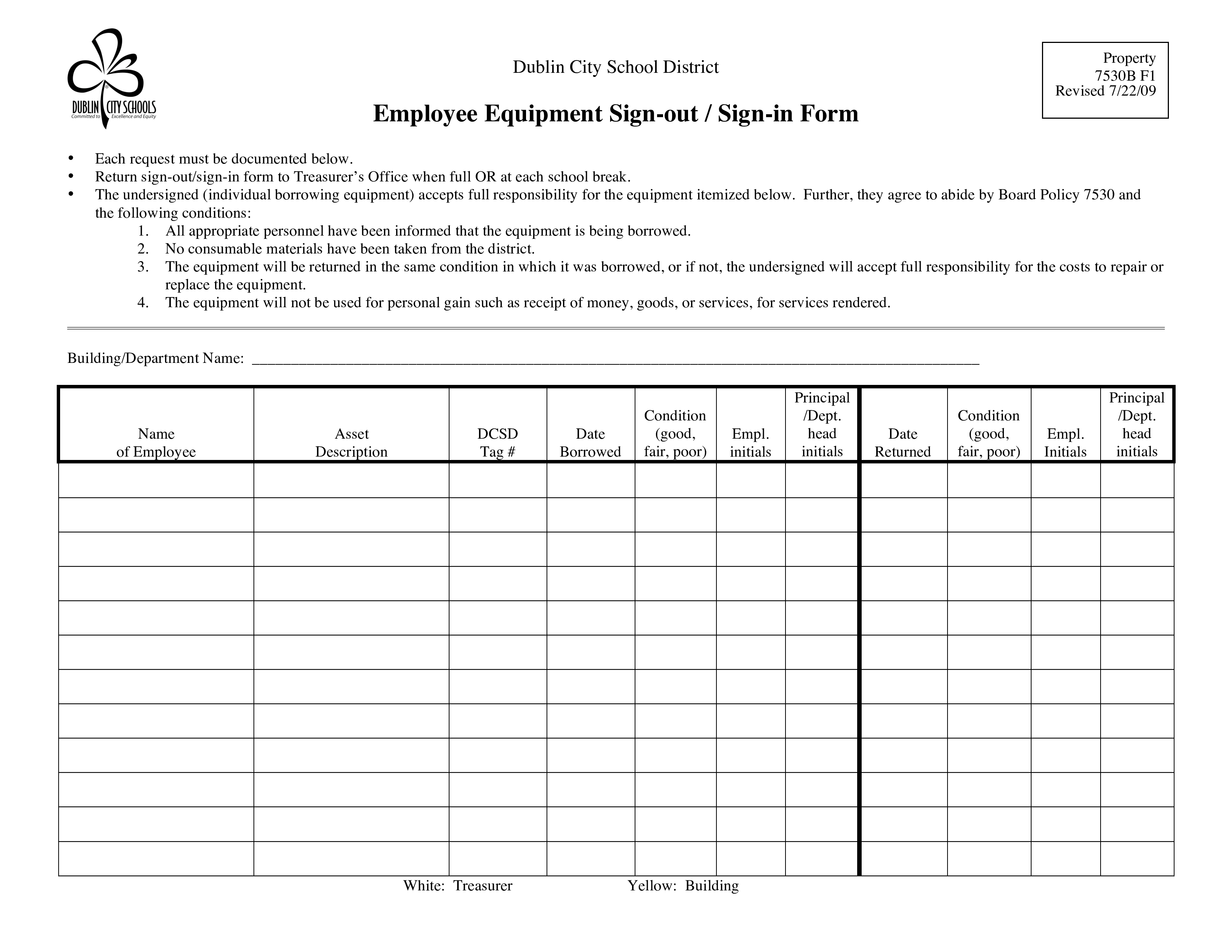 employee equipment sign in sheet template