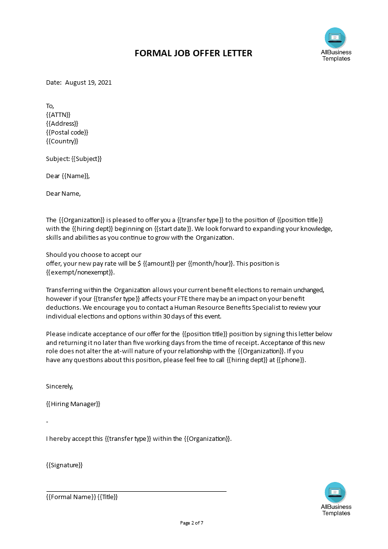 internal transfer job offer letter template