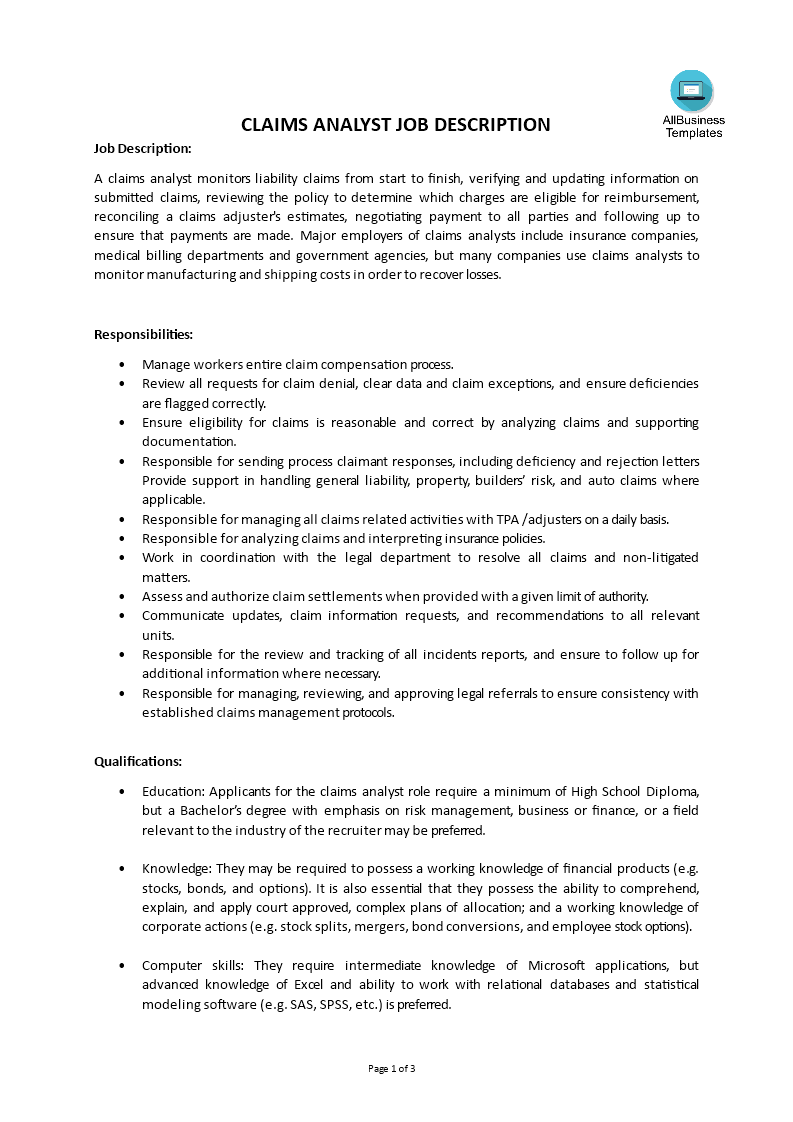 claims analyst job description template