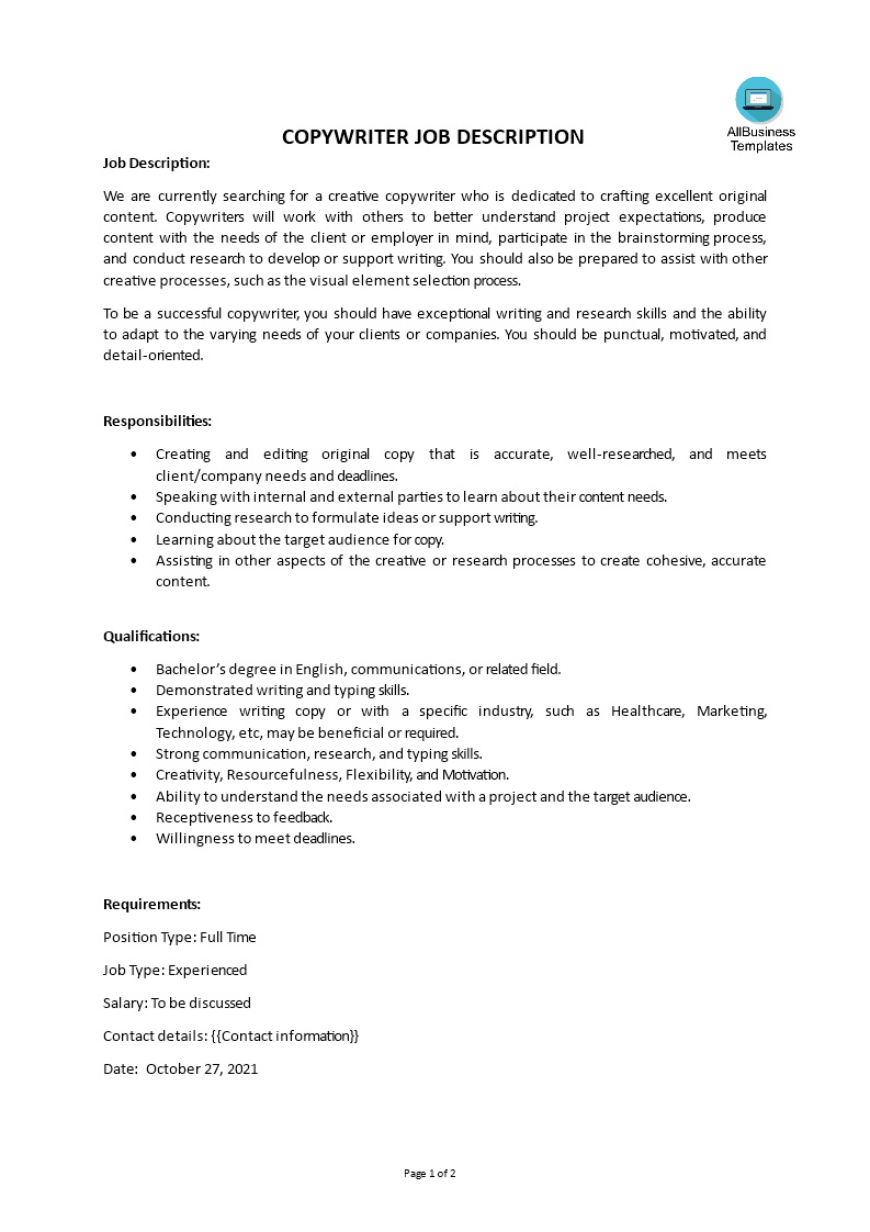 digital marketing copywriter job description modèles