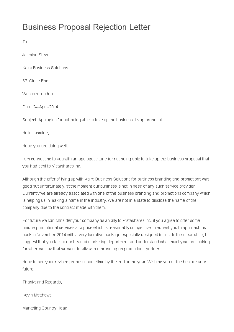 rejection letter for a business proposal template