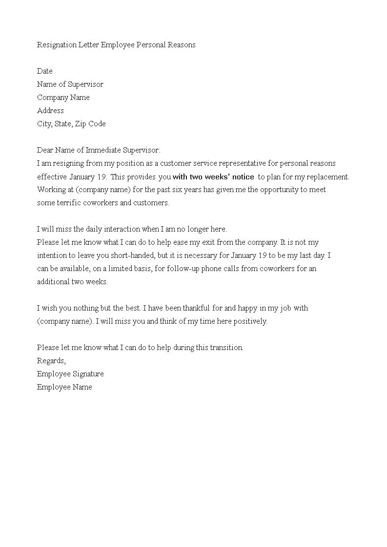 Resignation Letter Employee Personal Reasons main image