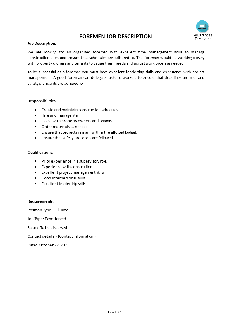 foremen job description template