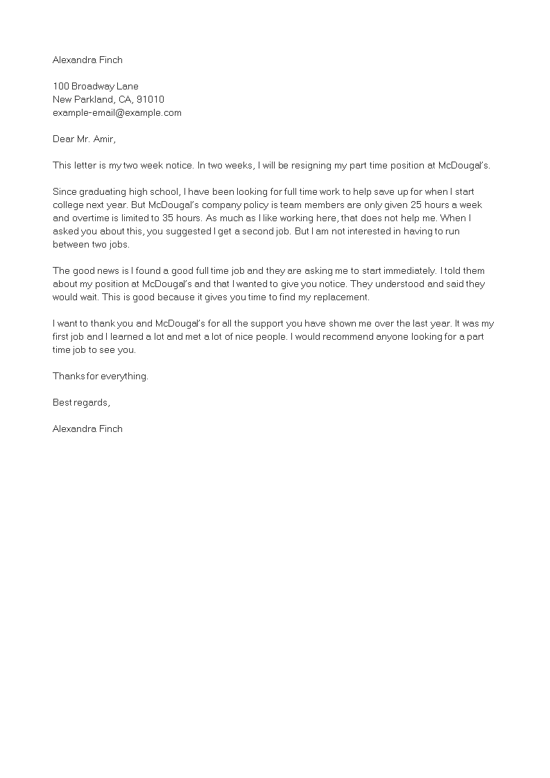 part time work resignation letter template