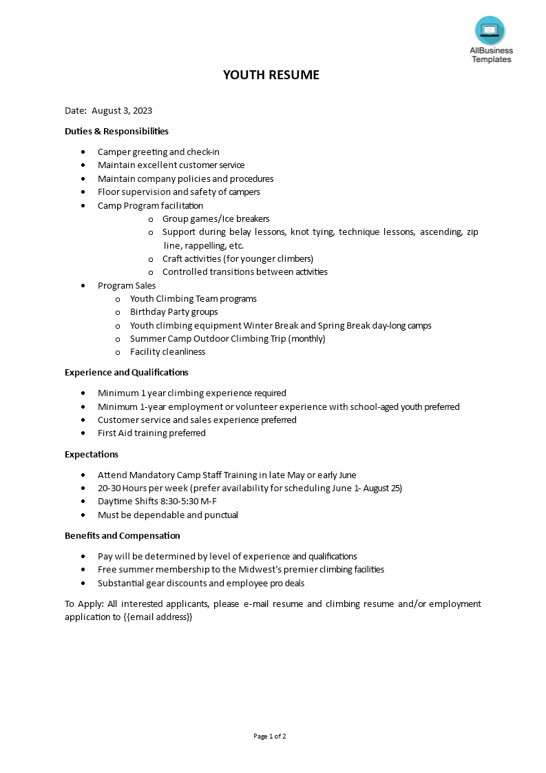 youth camp resume template