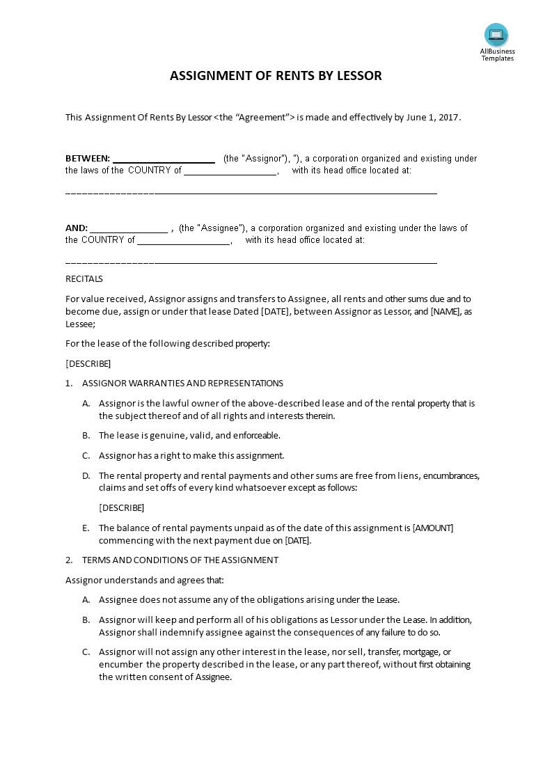 assignment of rents by lessor example template template
