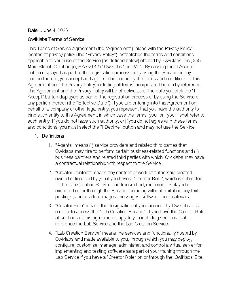 terms of service agreement template
