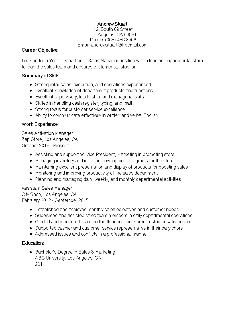 department sales manager resume template