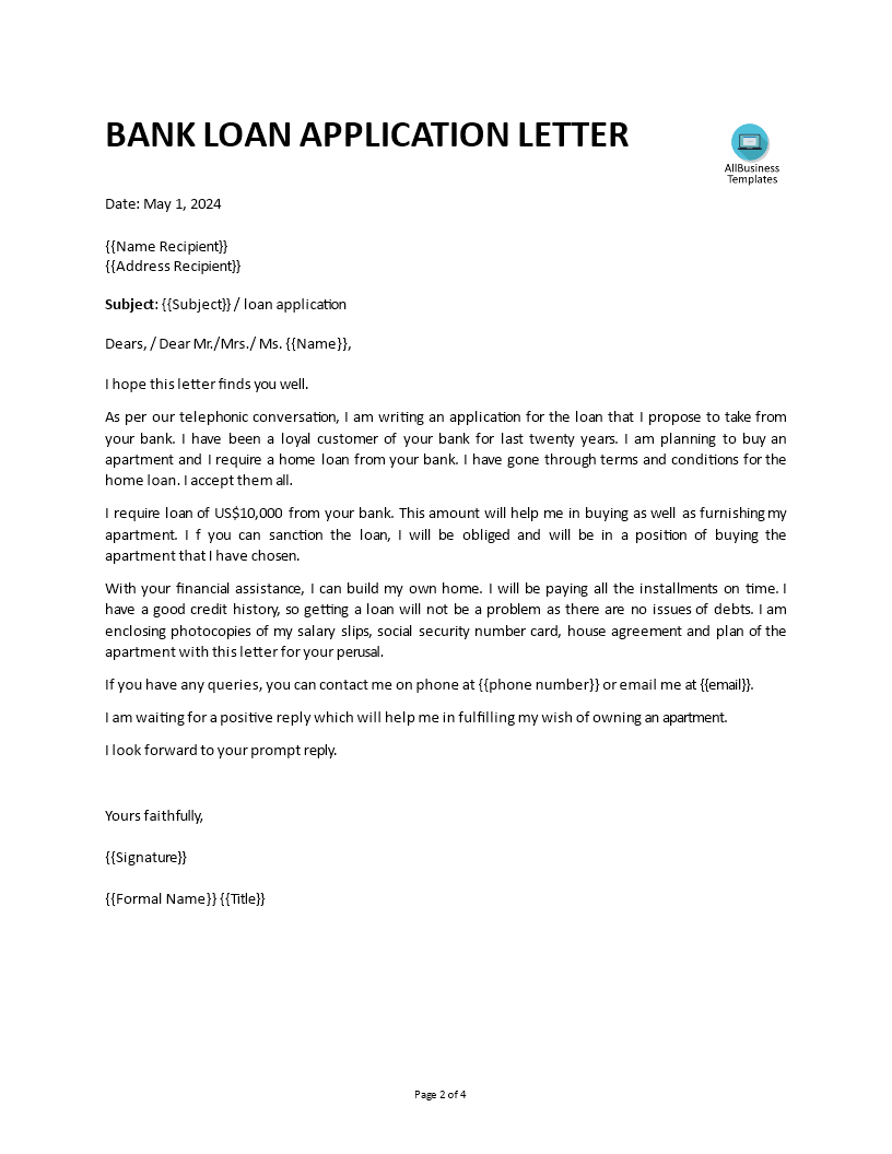 loan application letter modèles
