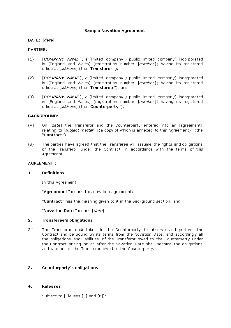 novation agreement sample template