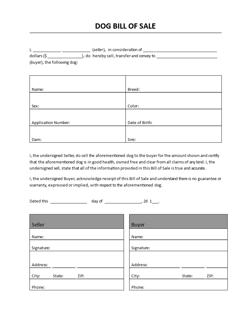 dog bill of sale template template