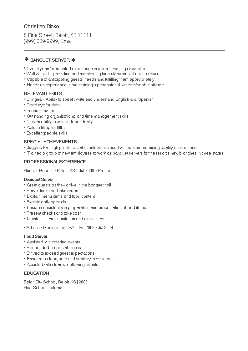 Professional Resume for a Banquet Server 模板