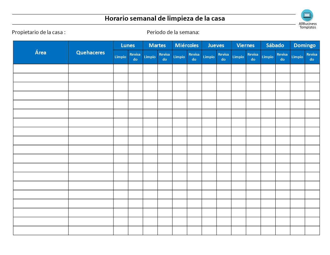 plantilla de horario de limpieza de la casa voorbeeld afbeelding 