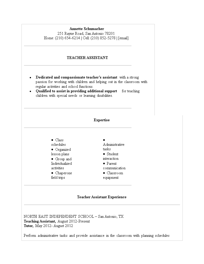 high school teacher assistant resume template