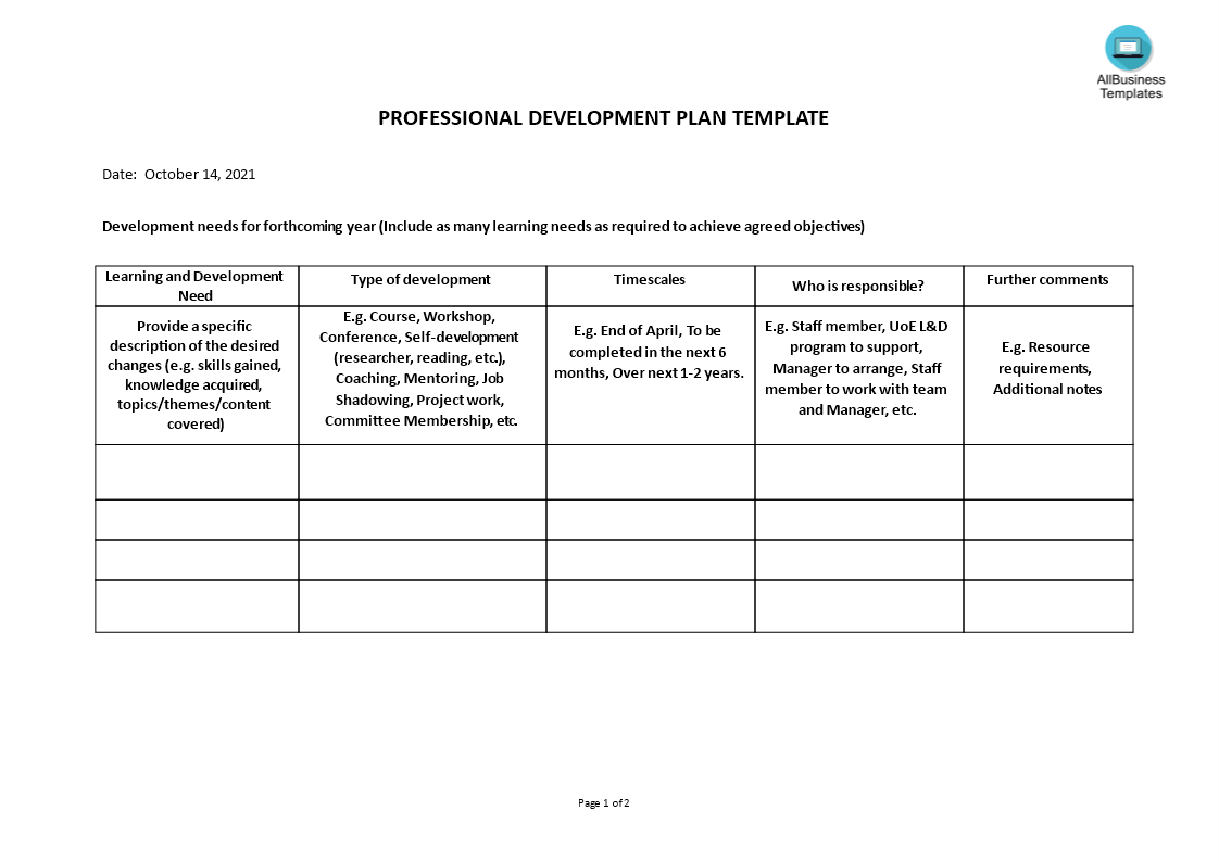 professional development plan template modèles