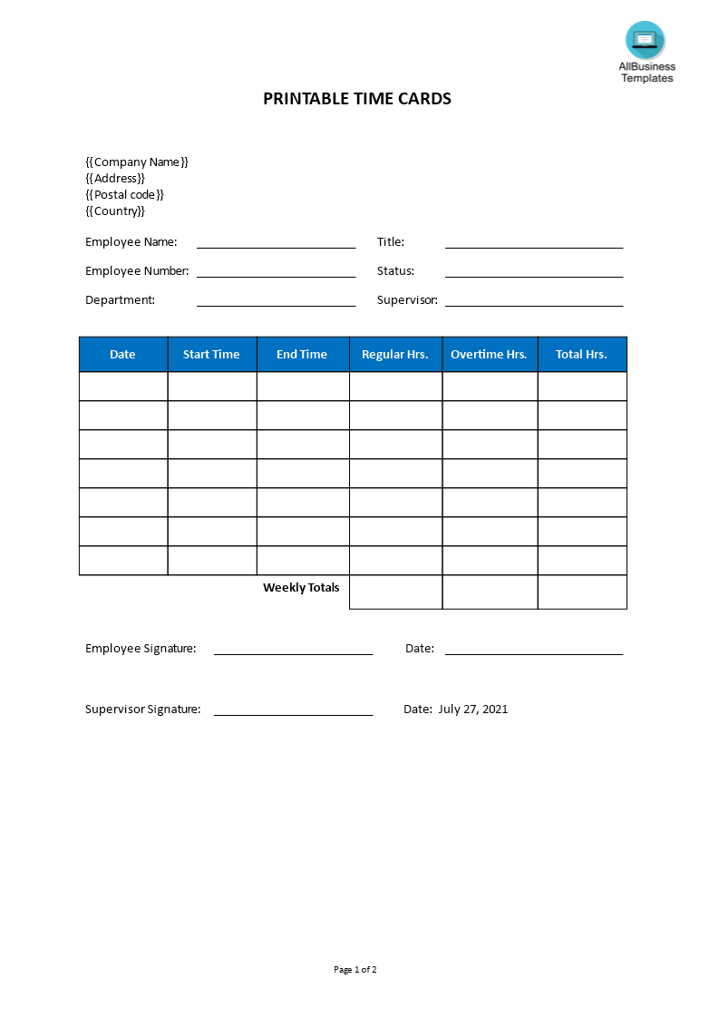 Printable Time Cards main image