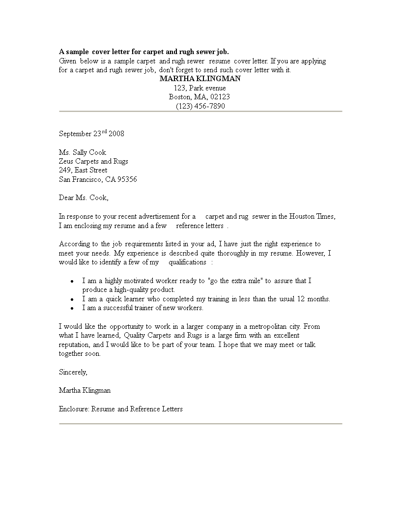 carpet and rugh sewer resume cover letter in word format2 template