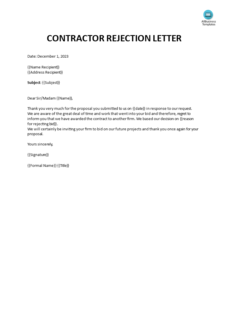contractor rejection letter template