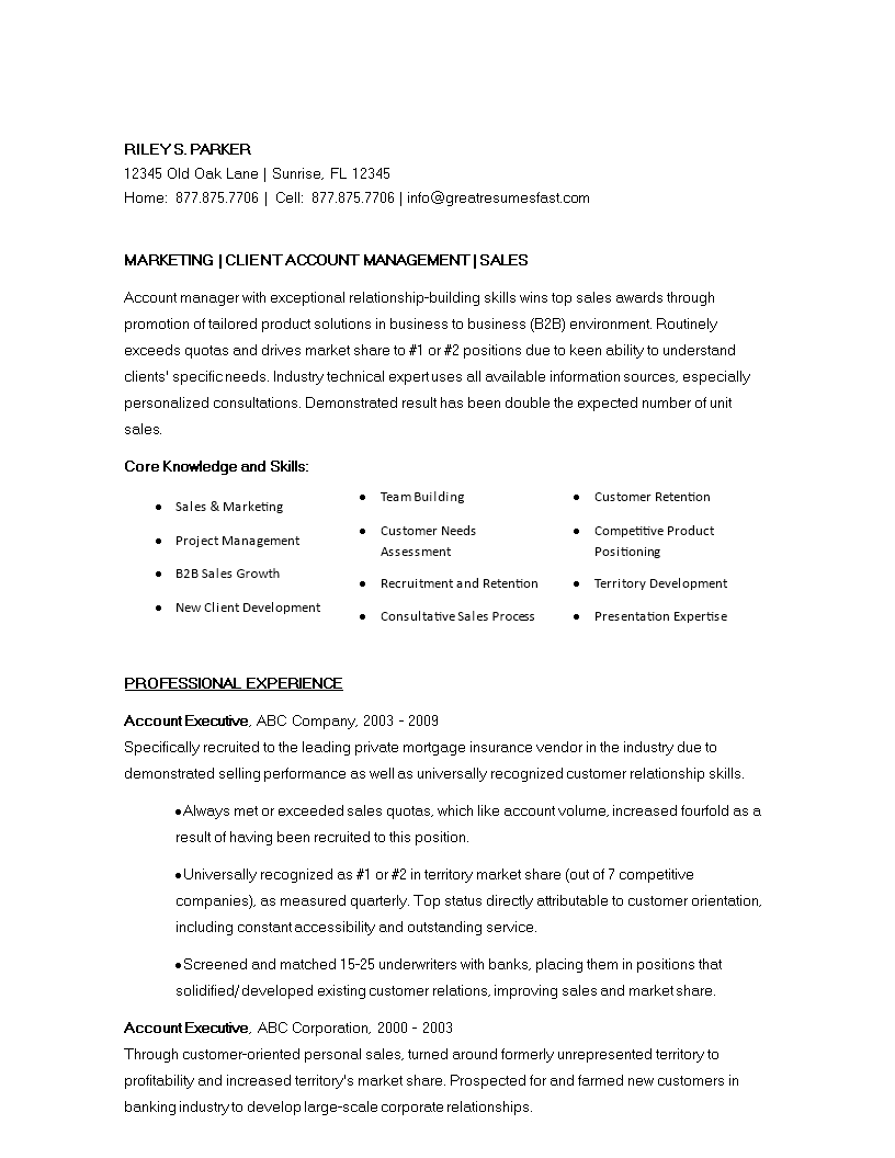 Marketing Account Executive Resume template 模板