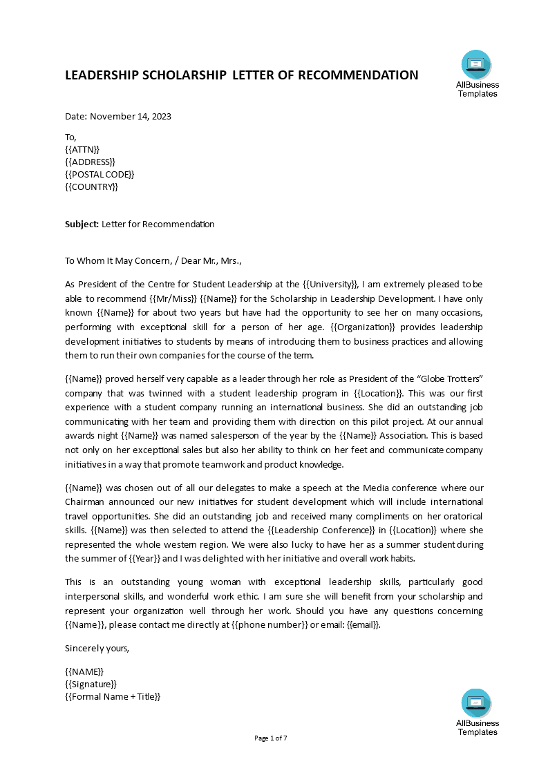 letter of recommendation leadership template